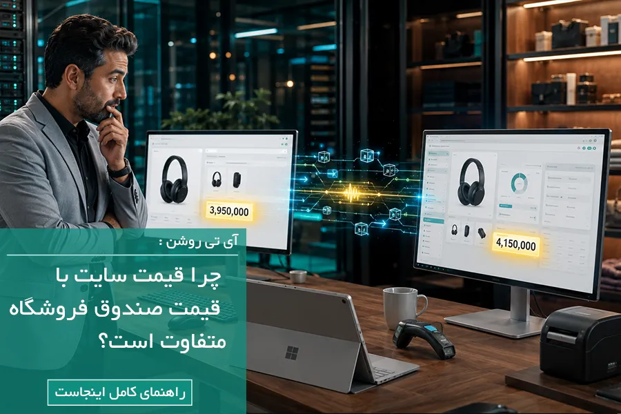 اختلاف قیمت بین سایت ووکامرس و صندوق فروشگاه در نرم‌افزار حسابداری دشت، نمایش مقایسه قیمت روی دو مانیتور با فضای کاری مدرن آی‌تی روشن. چرا قیمت سایت با قیمت صندوق فروشگاه متفاوت است