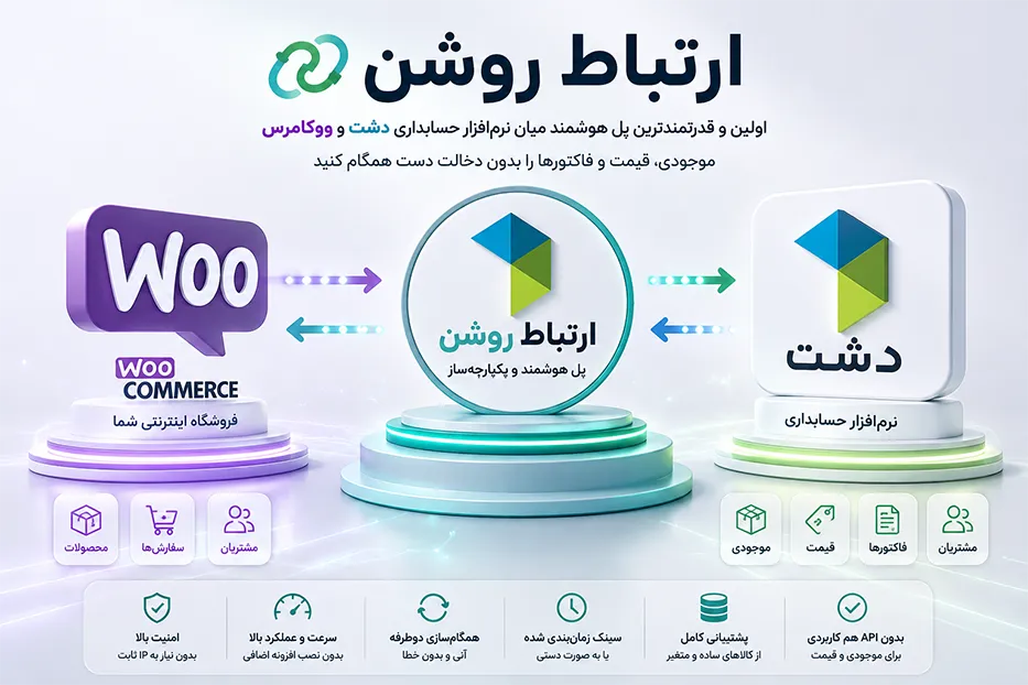 ارتباط روشن | اتصال نرم‌افزار حسابداری دشت به ووکامرس | همگام‌سازی موجودی، قیمت و فاکتور